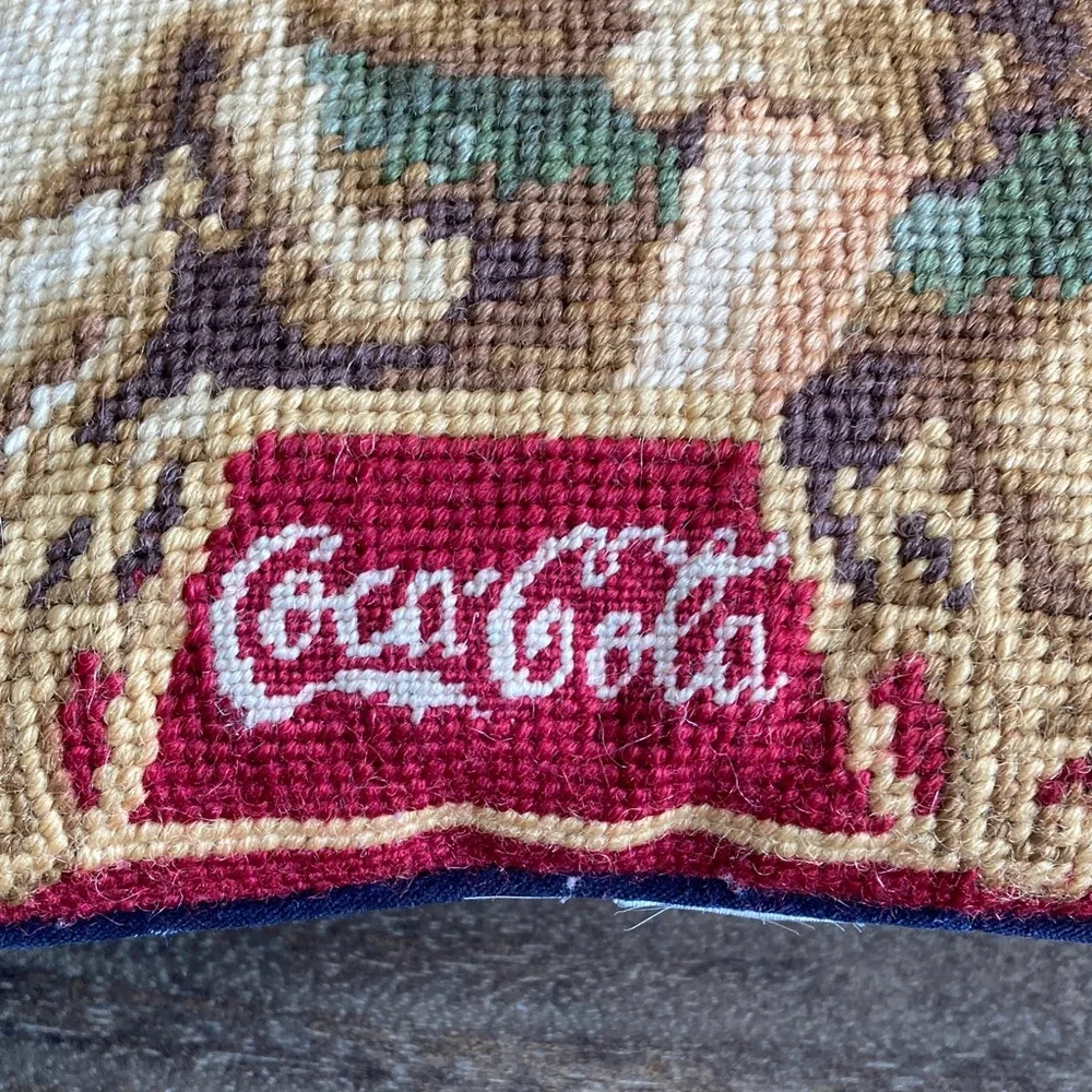 Coca-Cola Needlepoint Pillow Farmer Boy Dog Red Border Blue Velvet Backing 14x13